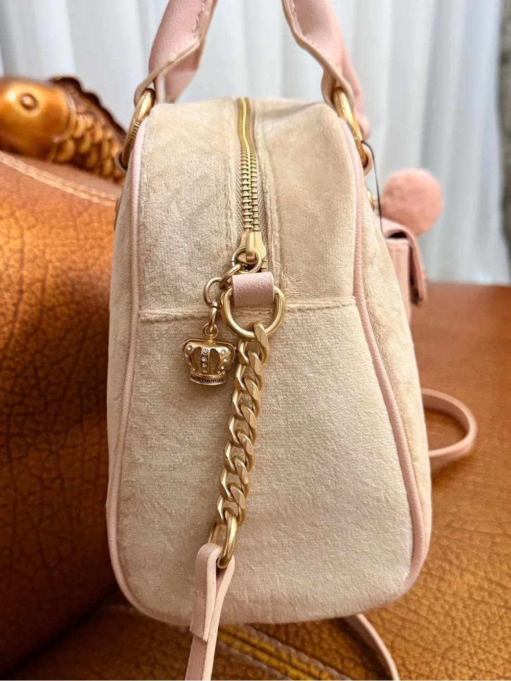 Juicy Couture Blush Pink Suede and Leather Satchel with Pom-Pom Charm
